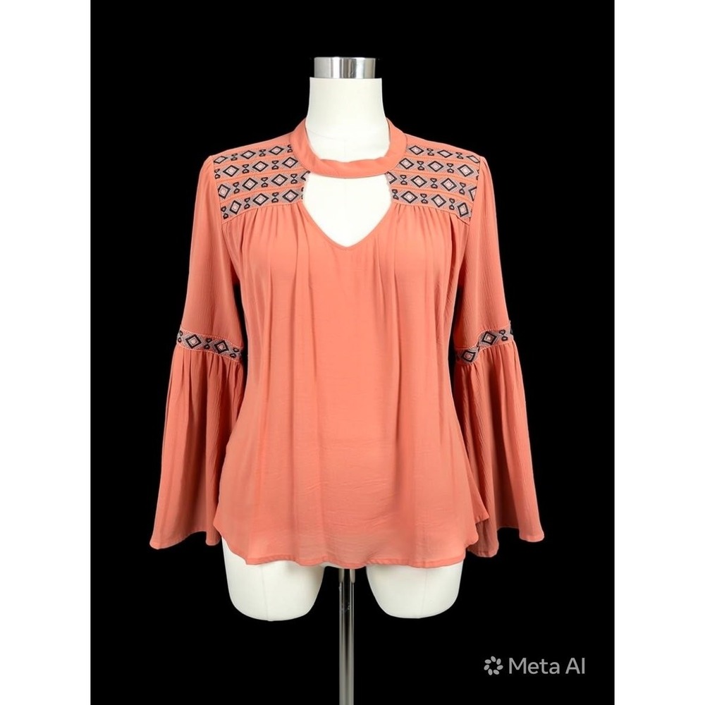 Rock & Roll Cowgirl Coral Embroidered Bell Sleeve Boho Cutout Blouse Medium gauz